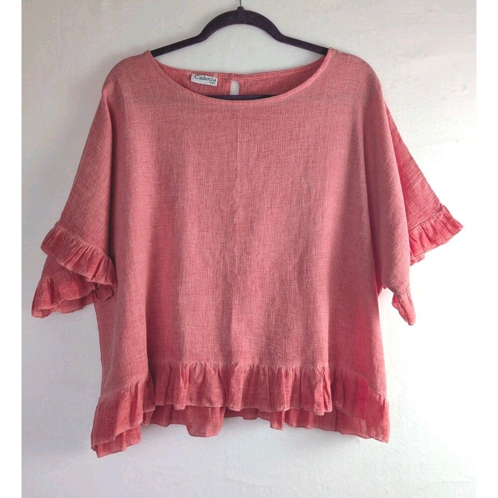 Cadenza Italy Women’s Linen Blend Top Blouse Ruffle Hem Sleeve Coral Pink Size L